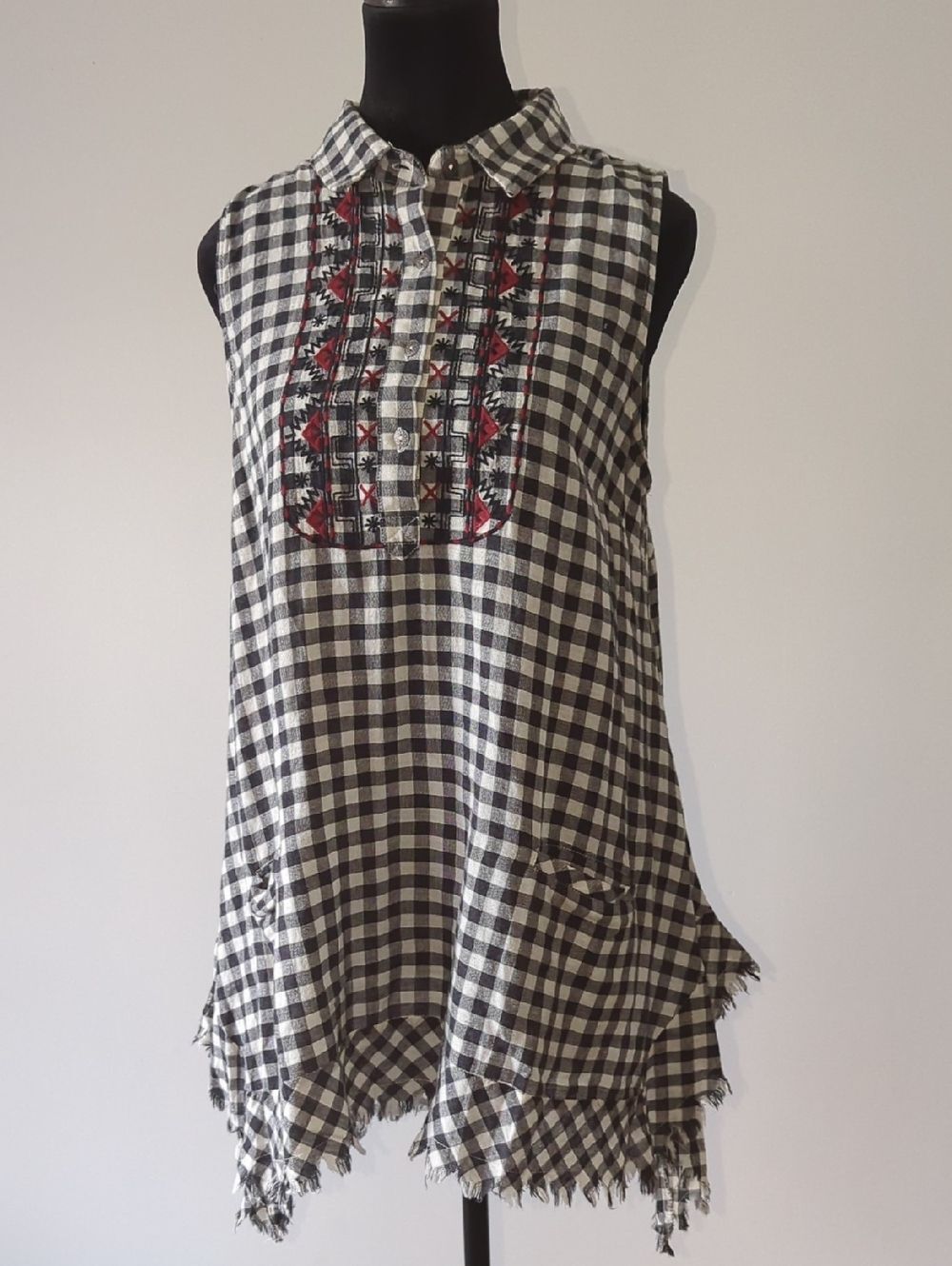 Umgee Black & White Gingham Top with Red Embroidered Accents